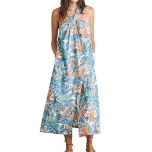 Faherty Bay Twist Dress Paradise Blossom Floral Blue 100% Organic Cotton Size XS